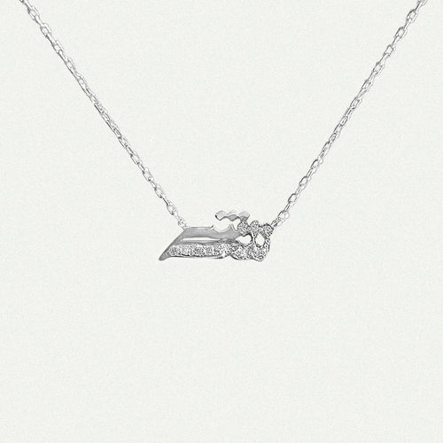 Arabic Letter Necklace in 18 karat solid white gold with round diamonds for women.