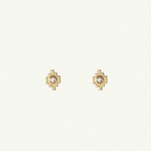 18K Solid Yellow Gold Stud Earrings with Diamonds in traditional design for women.