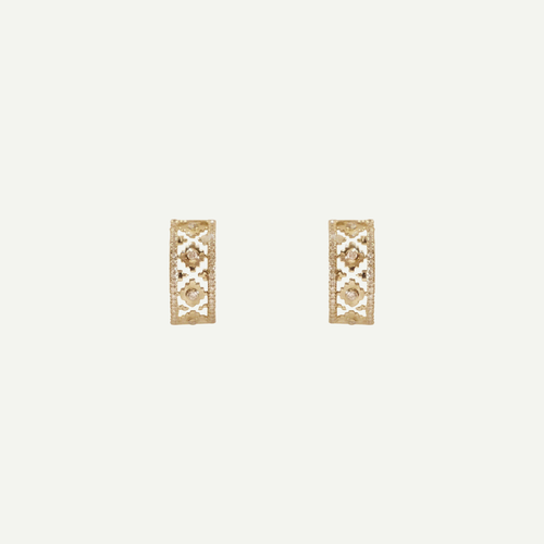 18-karat yellow gold Sadu hoop earrings with Pave natural diamonds in traditional Arabic design.