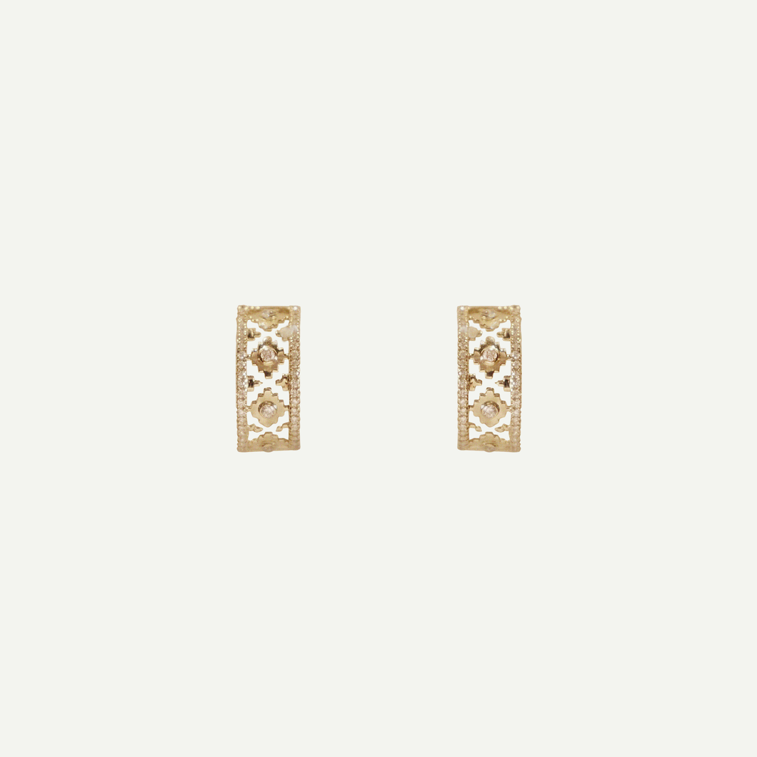 18-karat yellow gold Sadu hoop earrings with Pave natural diamonds in traditional Arabic design.
